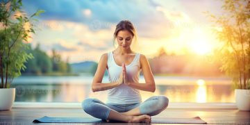Mujer joven practicando meditación en casa para reducir el estrés y mejorar su bienestar emocional.